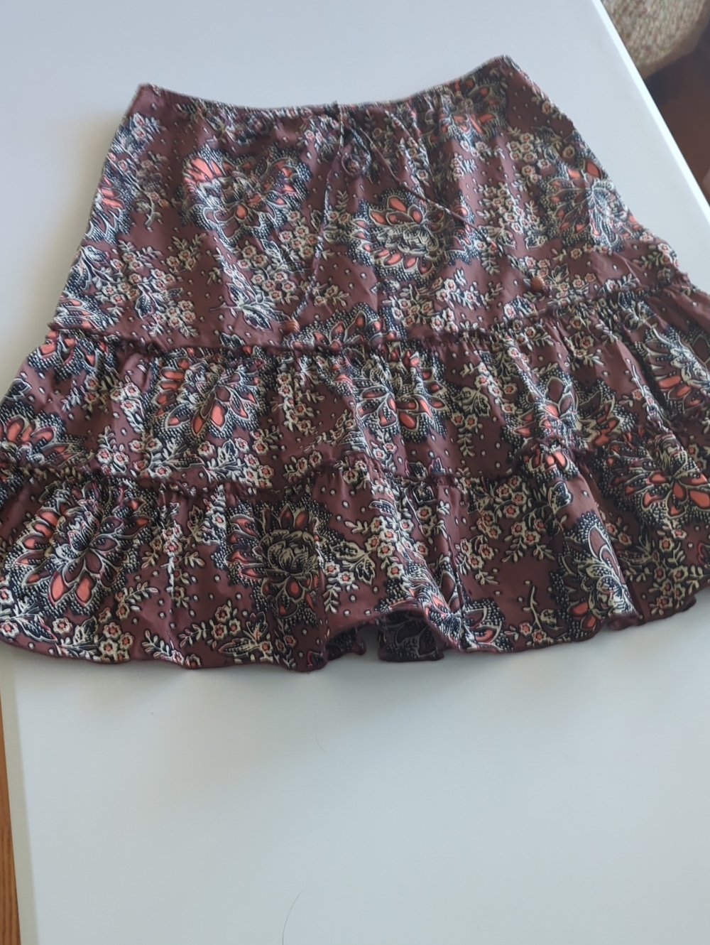 dressbarn Brown Floral Tiered A-Line Skirt with Pink Accents